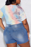 Pantaloncini di jeans taglie forti con patchwork dritto a vita alta con spacco patchwork sexy blu reale