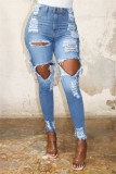 Jeans de mezclilla ajustados de cintura alta rasgados sólidos casuales de moda azul