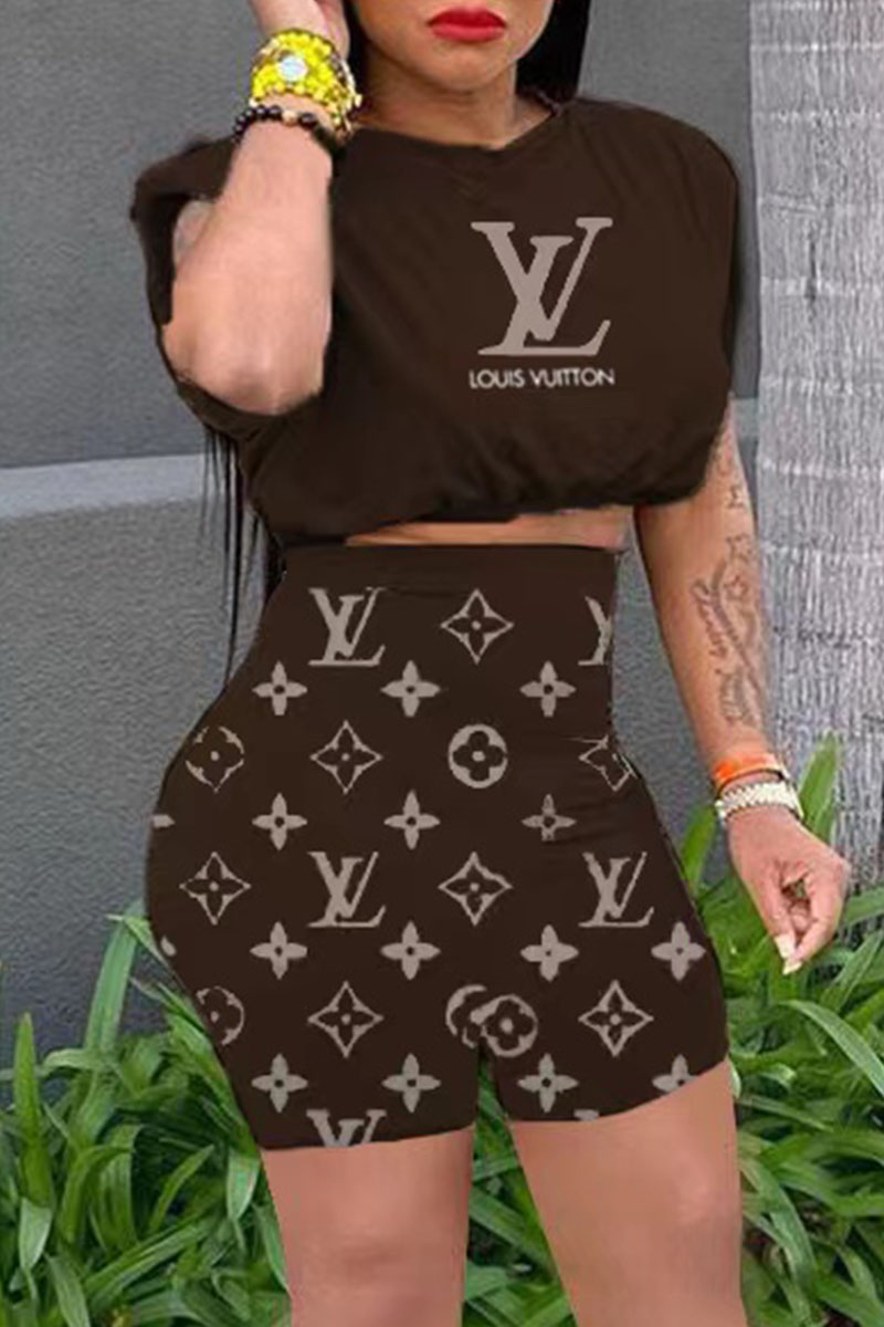 

Brown Fashion Casual Print Letter O Neck Sleeveless Two Pieces
