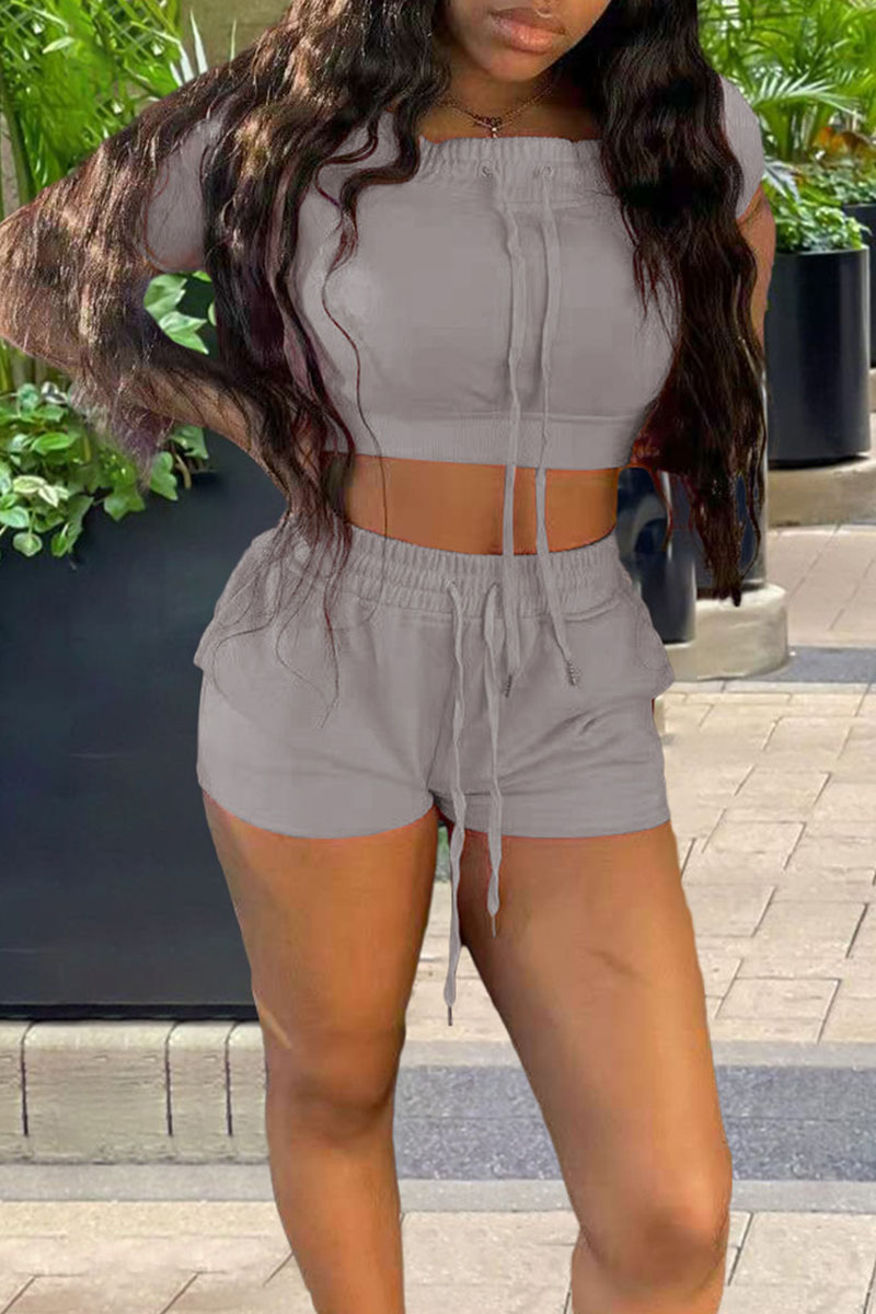 

Grey Casual Solid Split Joint Frenulum Short Sleeve Two Pieces