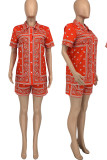 Red Casual Print Patchwork Buckle Turndown Collar Short Sleeve Two Pieces