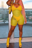 Yellow Fashion Sexy Patchwork Hollowed Out See-through Backless Spaghetti Strap Skinny Romper