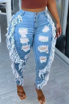 Baby Blue Fashion Casual Solid Patchwork High Waist Skinny Distressed Ripped Denim Jeans