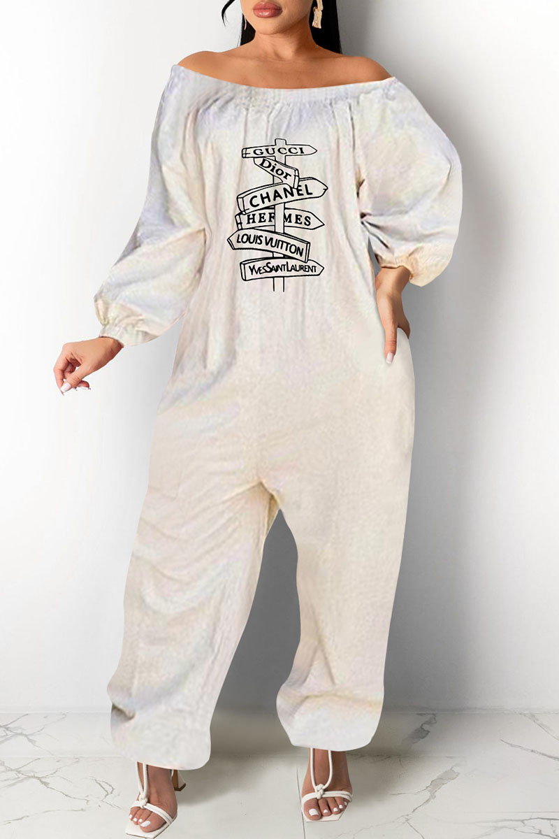 

White Fashion Casual Print Letter Off the Shoulder Jumpsuits