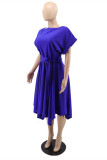 ブルーファッションカジュアルソリッドパッチワーク非対称Oネック半袖ドレス