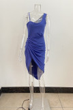 ブルーファッションセクシーなソリッドバックレススパゲッティストラップイブニングドレスドレス