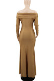 Brown Elegant Solid Patchwork Slit Off the Shoulder Evening Dress Dresses