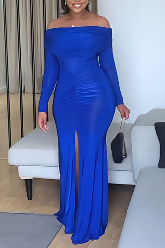ブルーのエレガントなソリッドパッチワークスリットオフショルダーイブニングドレスドレス