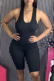 Macacão skinny preto fashion sexy sólido sem costas com decote em U