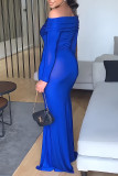 Blue Elegant Solid Patchwork Slit Off the Shoulder Evening Dress Dresses