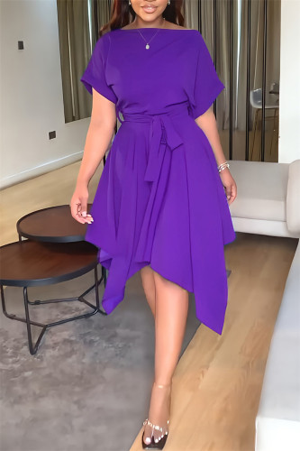 Purple Fashion Casual Solid Patchwork Asymmetrical O Neck Short Sleeve Dress