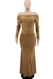 Brown Elegant Solid Patchwork Slit Off the Shoulder Evening Dress Dresses