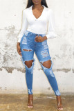 Calça jeans skinny azul fashion casual sólida rasgada cintura alta