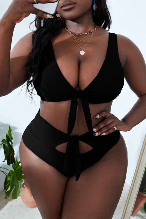 Schwarze, sexy, solide, ausgehöhlte, rückenfreie Badebekleidung mit V-Ausschnitt in Übergröße