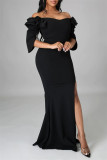 Vestido de noche de hombro con abertura en el remiendo sólido sexy de moda negro