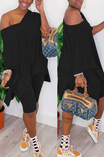 Black Casual Solid Patchwork V Neck Short Sleeve Two Pieces