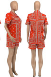 Red Casual Print Patchwork Buckle Turndown Collar Short Sleeve Two Pieces