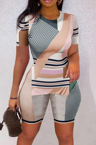 Stripe Fashion Casual Print Slit O Neck Short Sleeve Two Pieces