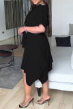 Черное модное повседневное сплошное лоскутное асимметричное платье с круглым вырезом и коротким рукавом