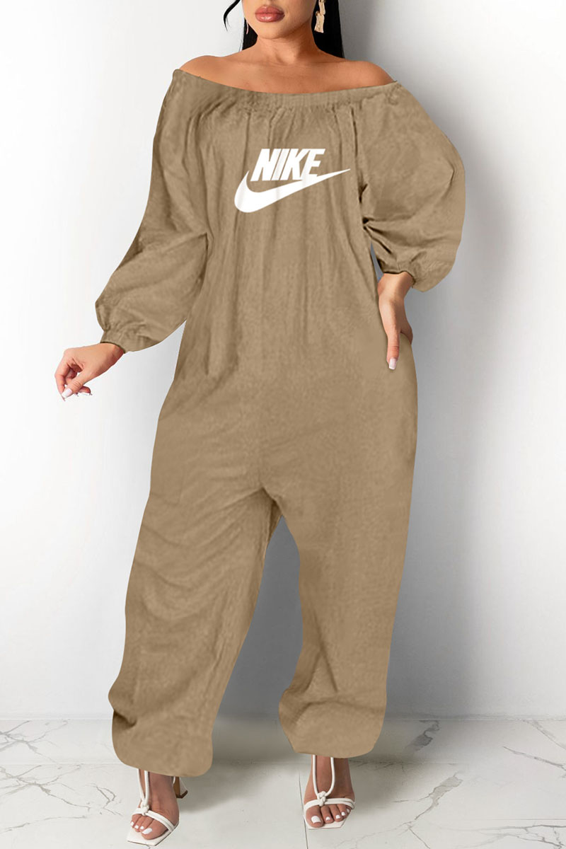 

Coffee Fashion Casual Print Letter Off the Shoulder Jumpsuits