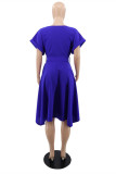 Blauwe mode casual effen patchwork asymmetrische O-hals jurk met korte mouwen