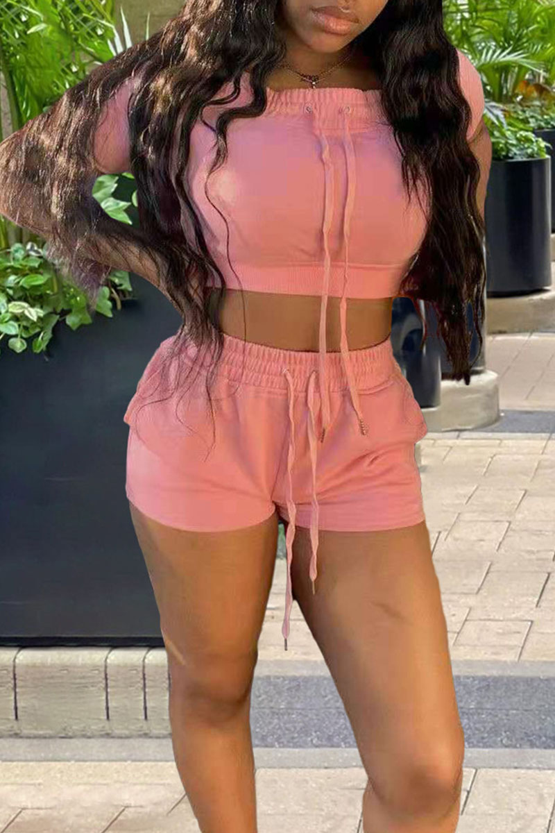 

Pink Casual Solid Split Joint Frenulum Short Sleeve Two Pieces