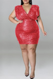 Rote Mode Sexy Plus Size Patchwork Pailletten rückenfreies ärmelloses Kleid mit V-Ausschnitt