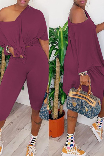 Burgundy Casual Solid Patchwork V Neck Short Sleeve Two Pieces
