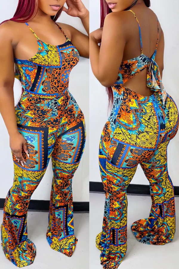 Colour Sexy Print Bandage Patchwork Backless Spaghetti Strap Straight Jumpsuits