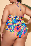 Multicolor Fashion Sexy Print Bandage Patchwork Backless Spaghetti Strap Plus Size Bademode Set (mit Polsterungen)