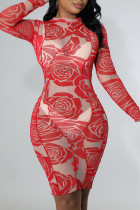 Vestidos de falda de lápiz con cuello en O de patchwork con estampado sexy rojo