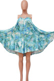 Blauwe sexy print patchwork rugloze halter-a-lijn jurken