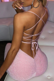 Pink Sexy Solid Sequins Spaghetti Strap Irregular Dress Dresses