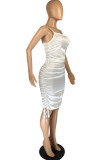 Vestido sin mangas con correa de espagueti y pliegues sin espalda con cordón de dibujo sólido sexy de moda blanca