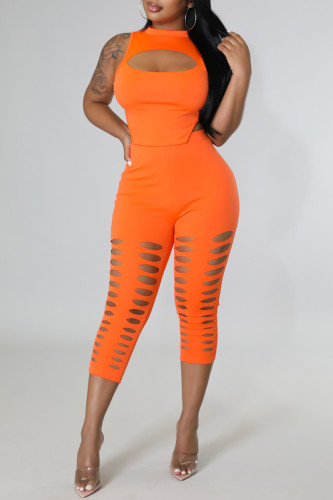 Orange Fashion Sexy Solid Hollowed Out Asymmetrical Half A Turtleneck Sleeveless Two Pieces