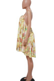 Yellow Sexy Print Patchwork Backless Halter A Line Dresses