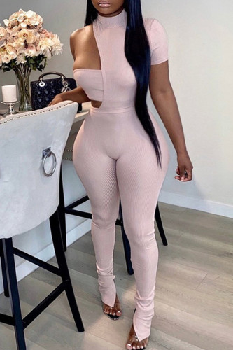Pink Fashion Sexy Solid Asymmetrical Turtleneck Short Sleeve Two Pieces