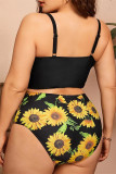 Conjunto de traje de baño de talla grande con correa de espagueti sin espalda con estampado sexy de moda negra y amarilla (con rellenos)