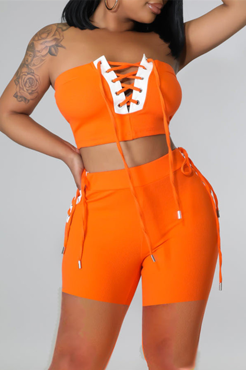 

Orange Fashion Sexy Solid Bandage Split Joint Backless Strapless Sleeveless Two Pieces