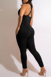 Zwarte sexy effen uitgeholde patchwork backless asymmetrische reguliere jumpsuits