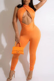 Combinaisons régulières asymétriques orange sexy solide évidé patchwork dos nu