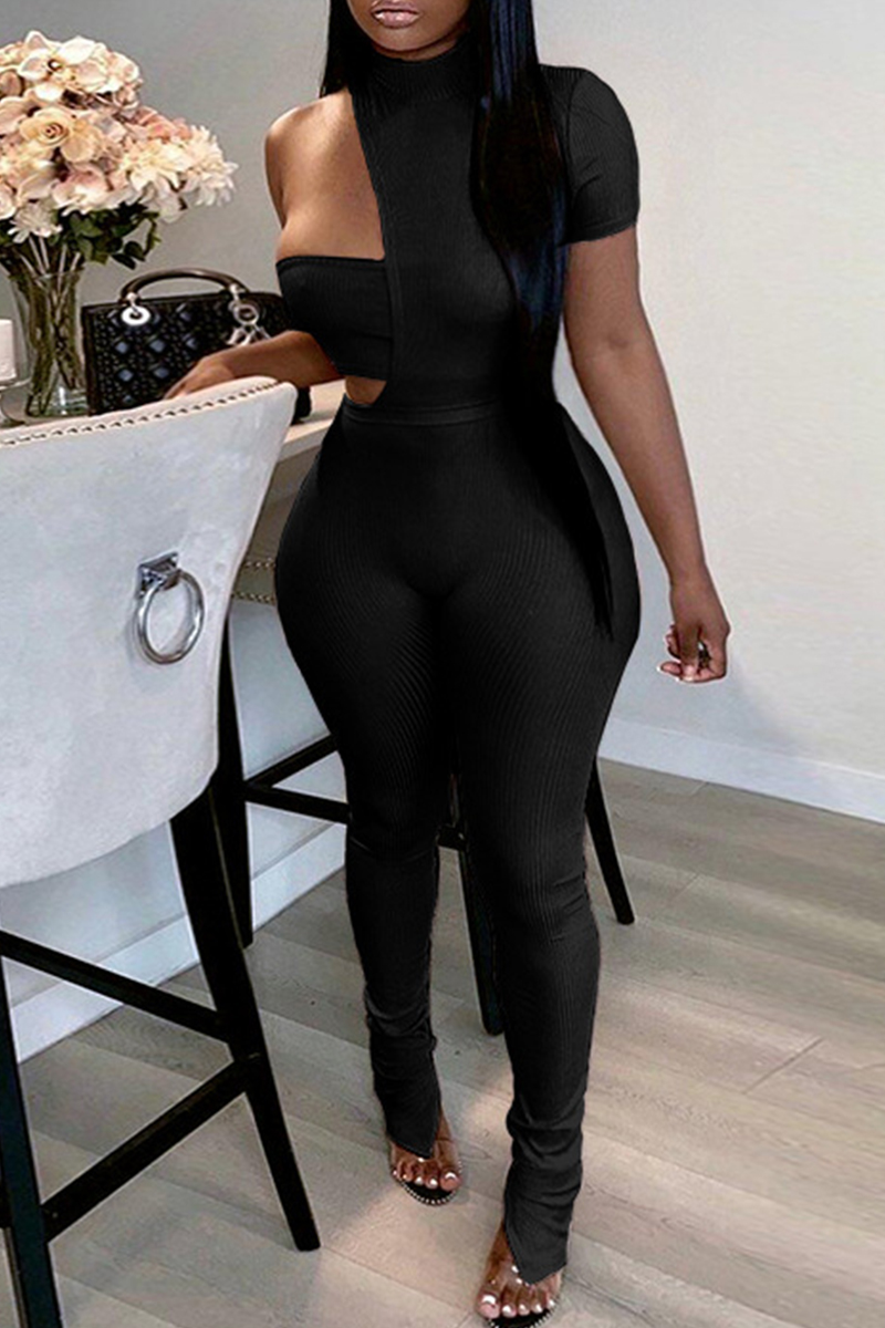 

Black Fashion Sexy Solid Asymmetrical Turtleneck Short Sleeve Two Pieces