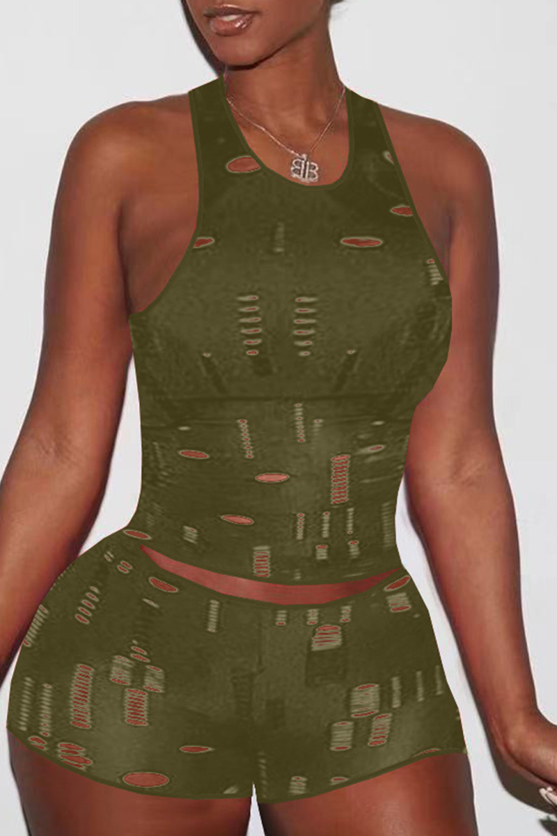 

Army Green Fashion Sexy Casual Solid Ripped Hollowed Out O Neck Sleeveless Two Pieces