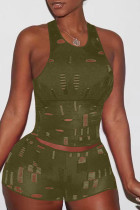 Army Green Fashion Sexy Casual Solid Ripped Hollowed Out O Neck Sleeveless Two Pieces