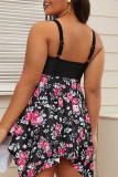 Conjunto de traje de baño de talla grande con cuello en V asimétrico sin espalda con estampado sexy rosa negro (con relleno)