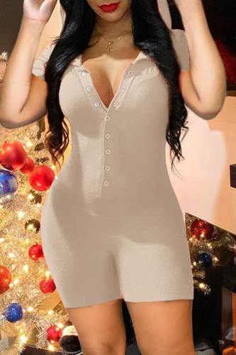 Khaki Fashion Casual Solid Basic Hooded Collar Skinny Romper