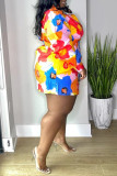 Multicolor Fashion Casual Print Basic Umlegekragen Langarm Kleider in Übergröße