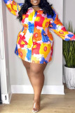 Multicolor Fashion Casual Print Basic Umlegekragen Langarm Kleider in Übergröße