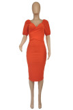 Tangerine Red Fashion Casual Solid Backless V Neck Short Sleeve Dress Dresses
