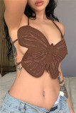 Brown Fashion Sexy Patchwork Bandage Backless Halter Tops